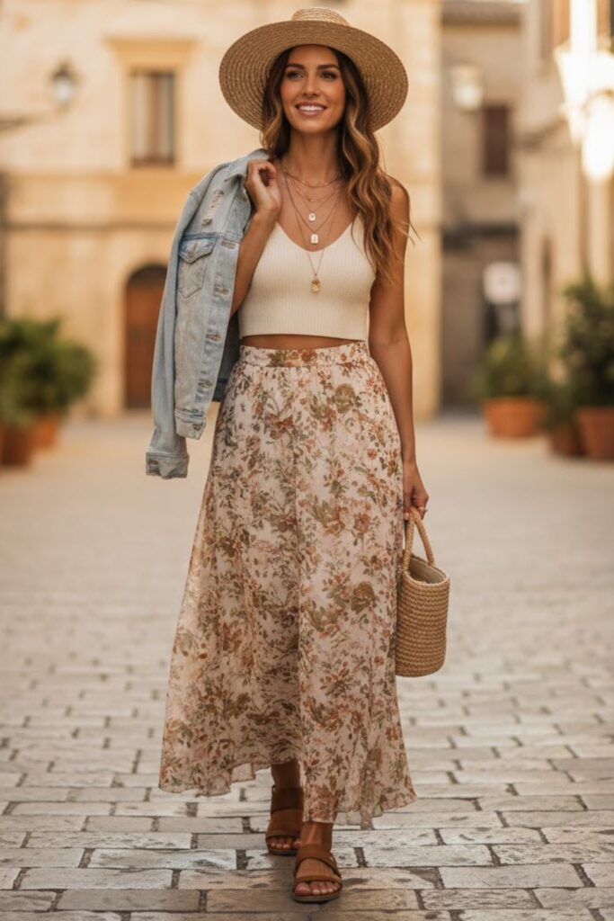1. Boho-Chic Floral Maxi Skirt with a Crop Top