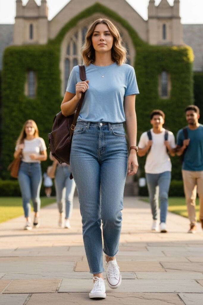 1. Classic T-Shirt with Straight-Leg Jeans and Sneakers