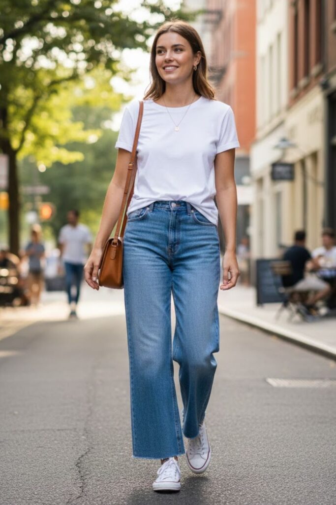 1. Classic White Tee and Wide Leg Jeans