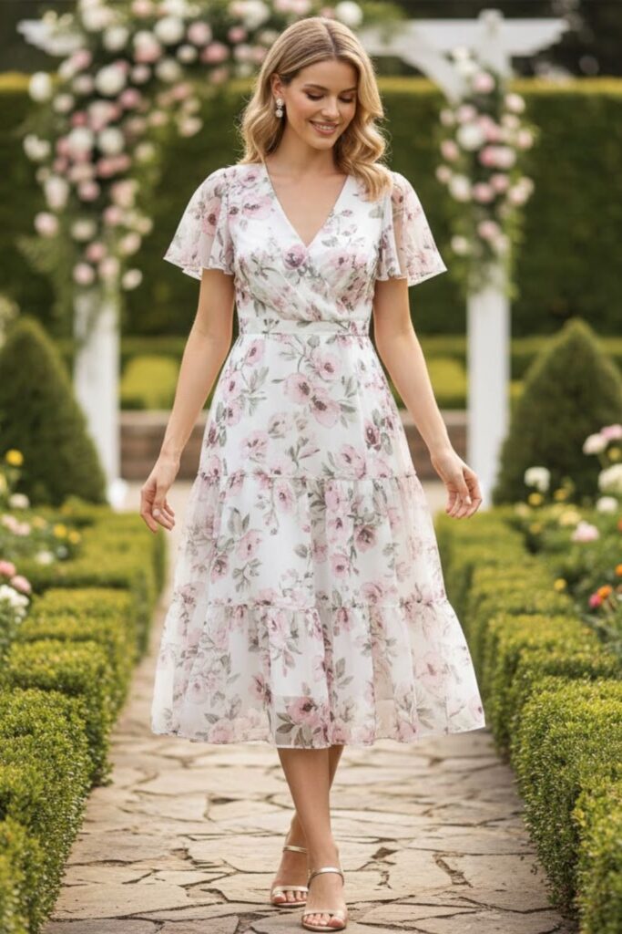 1. Floral Midi Dress With Strappy Sandals