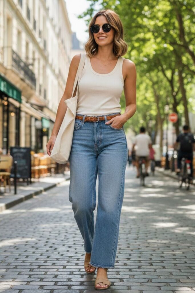 1. Wide Leg Jeans with a Classic White Tank