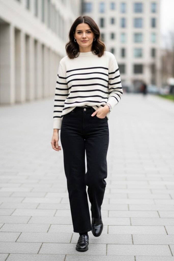 10. Black Wide Leg Jeans With Striped Sweater