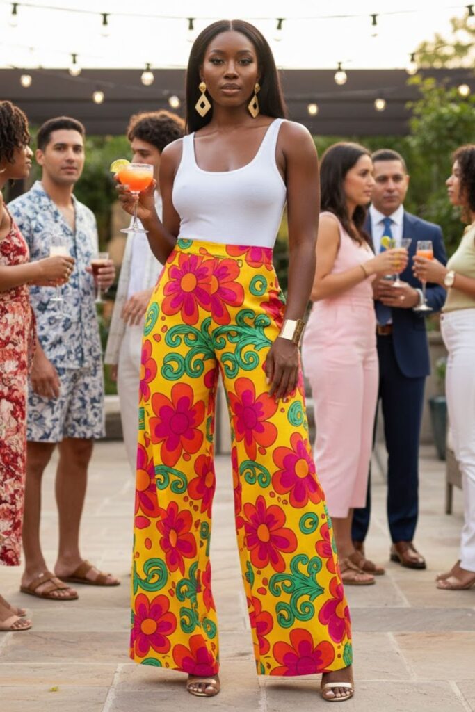 10. Bright Palazzo Pants with Fitted Tank