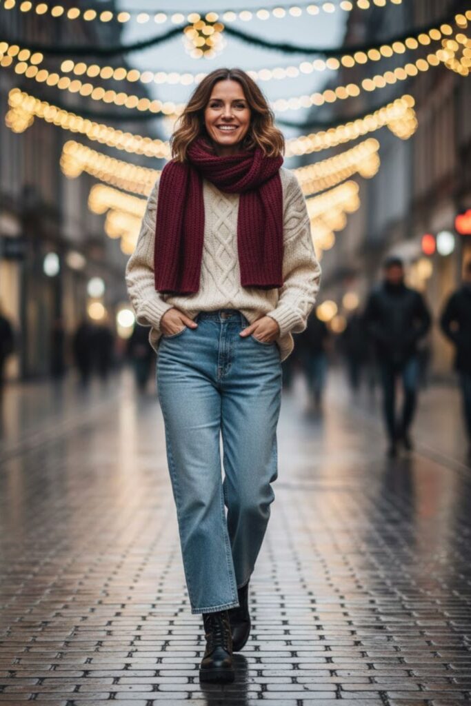 10. Cable Knit Sweater and Scarf Layering