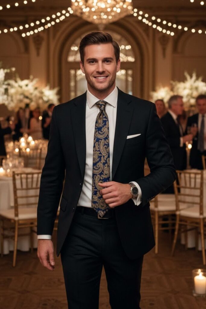 10. Monochrome Black Suit With Statement Tie