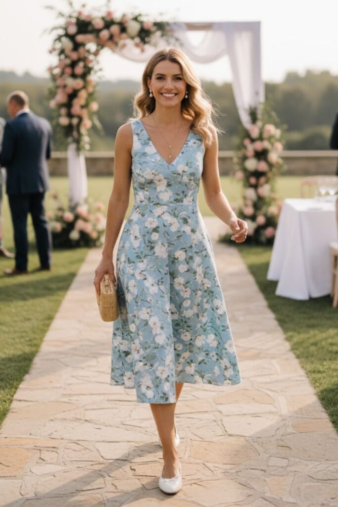 10. Soft Print A-Line Dress With Ballet Flats