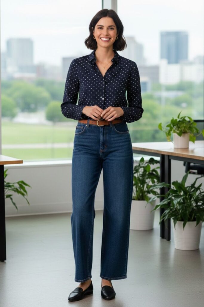 10. Wide Leg Jeans With Collared Blouse