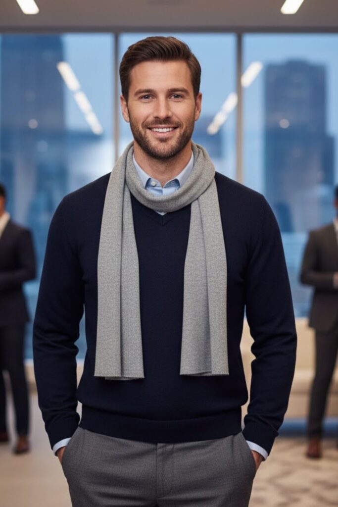 11. Business Casual Look with Neutral Scarf