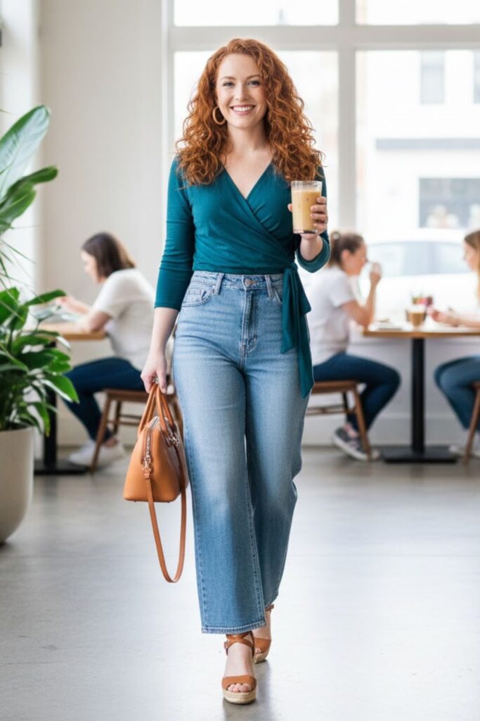 11. High Rise Wide Leg Jeans With a Wrap Top