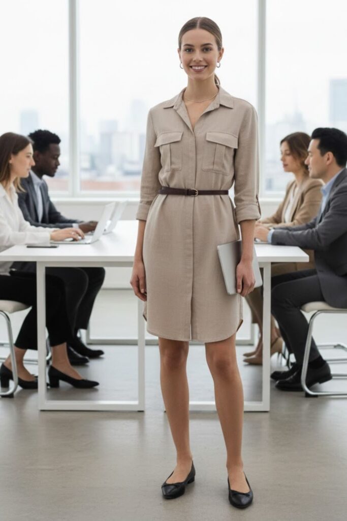 11. Shirt Dress with Belt and Flats