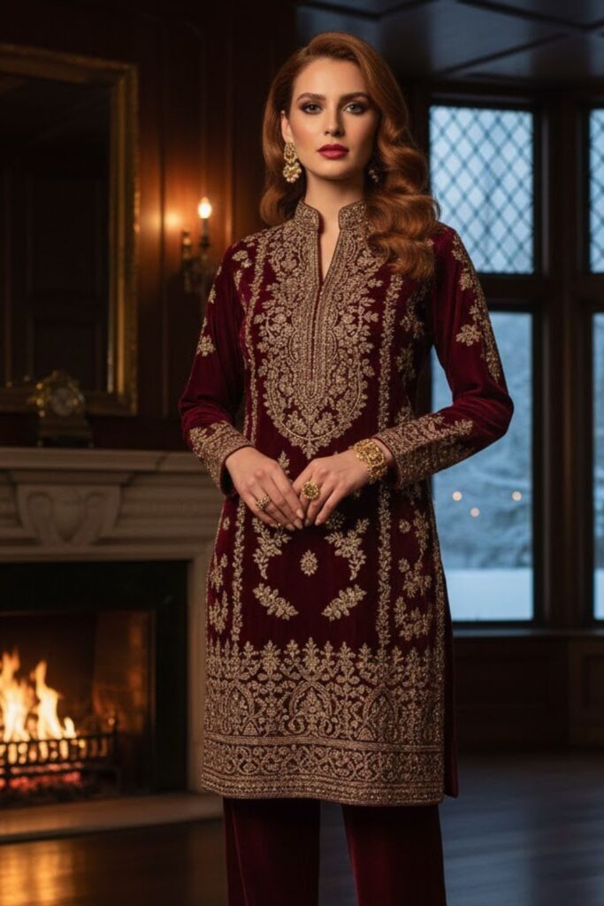 11. Velvet Kurta With Straight Pants