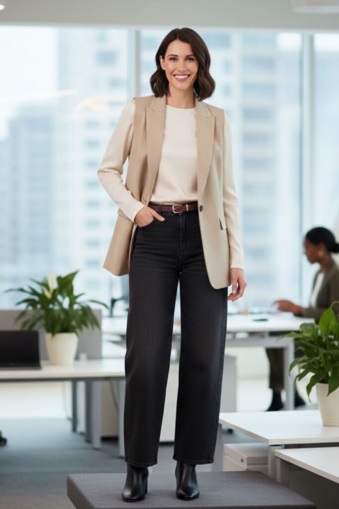 11. Wide Leg Jeans With Neutral Vest and Shirt
