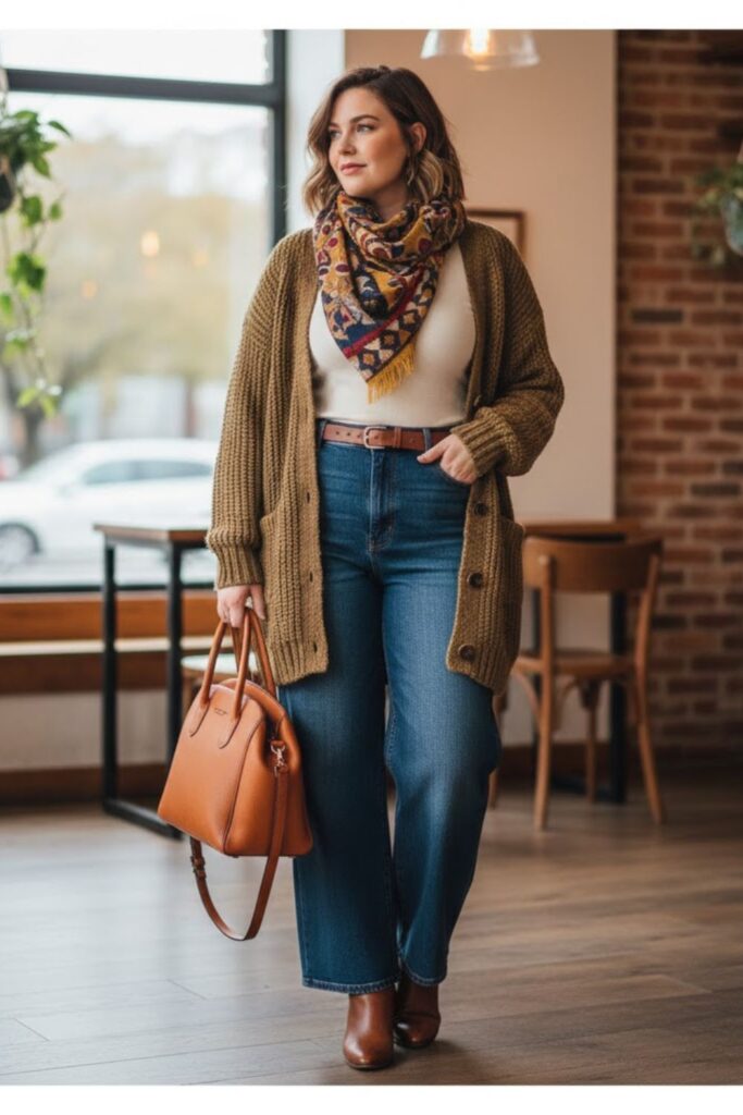 11. Wide Leg Jeans with a Buttoned Cardigan