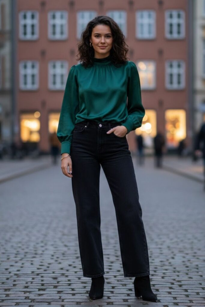 12. Black Wide Leg Jeans With Satin Blouse