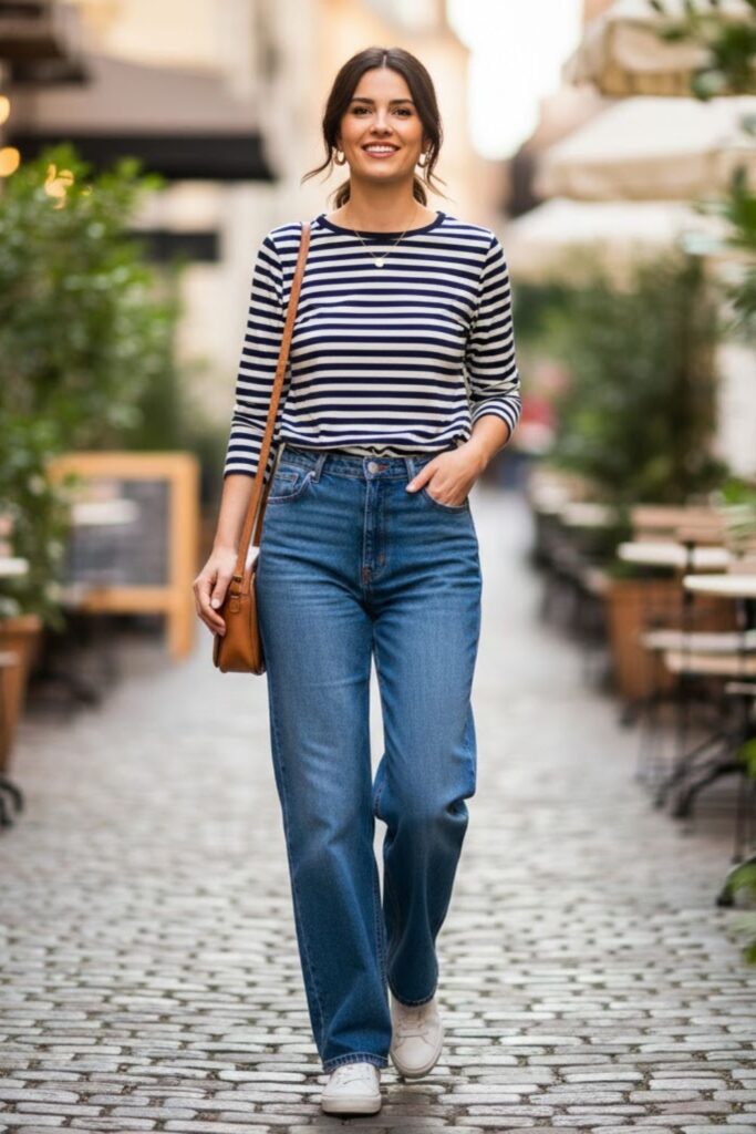 12. Blue Wide Leg Jeans With a Striped Top