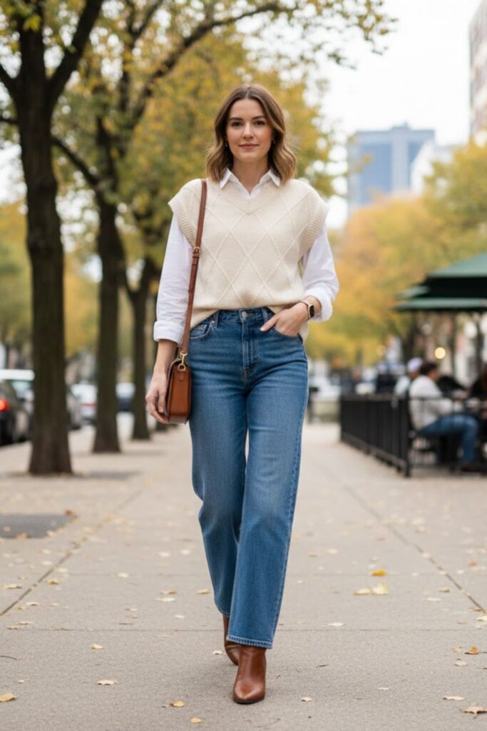 12. High Rise Wide Leg Jeans With a Sweater Vest