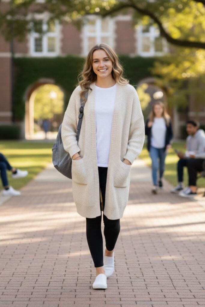 12. Long Cardigan with T-Shirt and Leggings