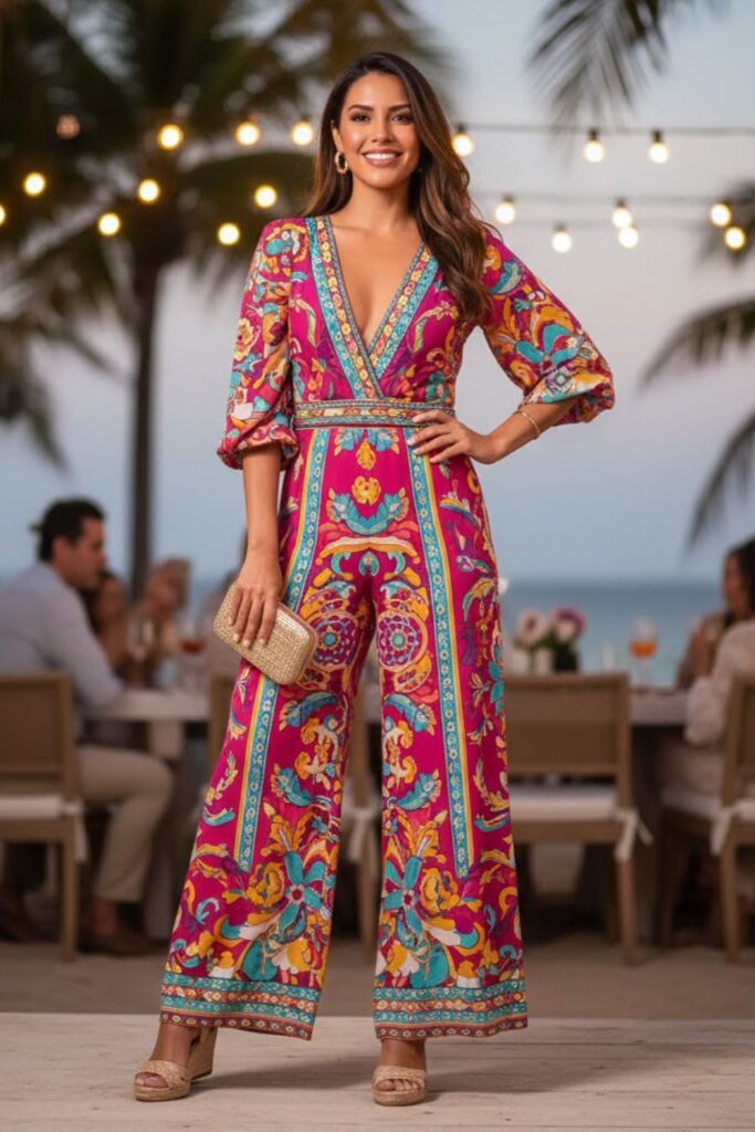 12. Printed Palazzo Jumpsuit with Wedges