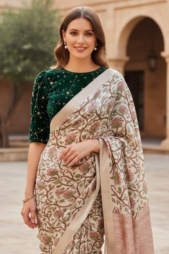 12. Printed Saree With Statement Blouse