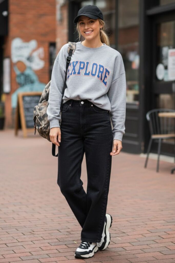 13. Black Wide Leg Jeans With Graphic Sweatshirt