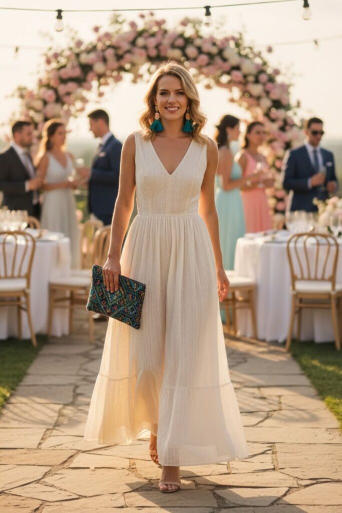 13. Neutral Maxi Dress With Colorful Accessories