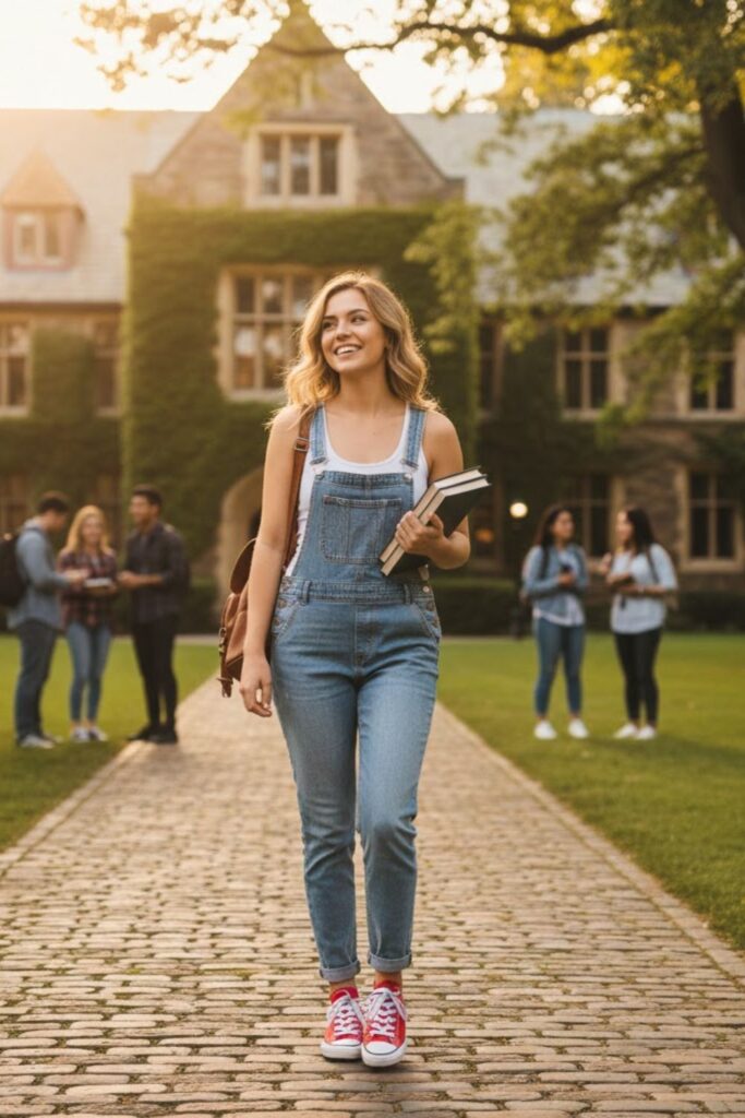 13. Summer Back to School Outfit With Denim Overalls and Tank Top