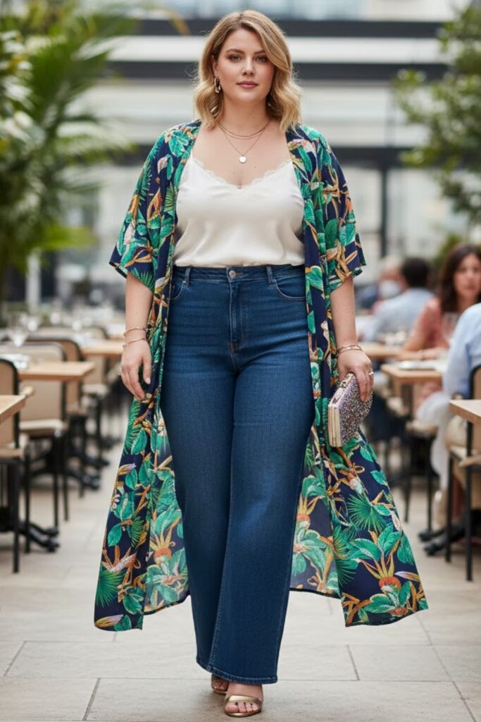 13. Wide Leg Jeans with a Camisole and Kimono