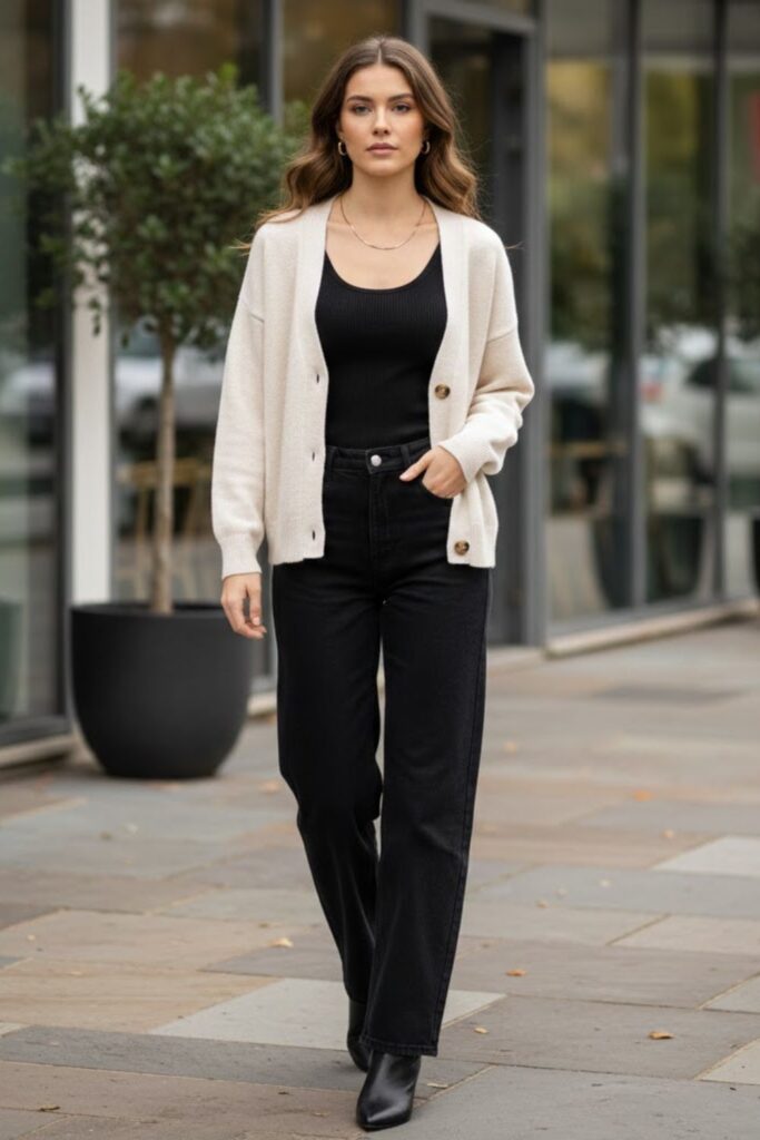 14. Black Wide Leg Jeans With Buttoned Cardigan and Tank