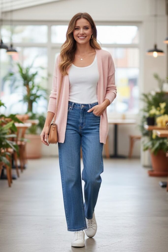 14. Blue Wide Leg Jeans With a Light Cardigan