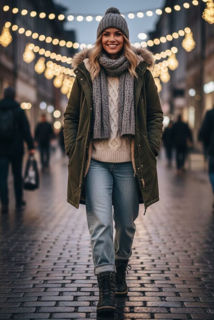 14. Parka Jacket and Cozy Sweater