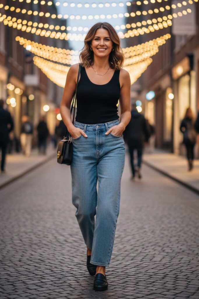 14. Simple Black Top and Wide Leg Jeans