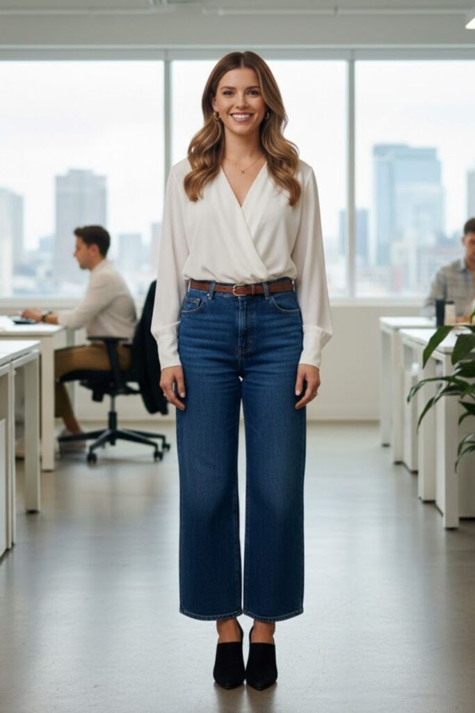 14. Wide Leg Jeans With Soft Blouse and Block Heels