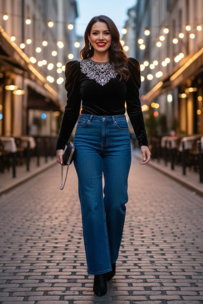 15. Blue Wide Leg Jeans With a Statement Top