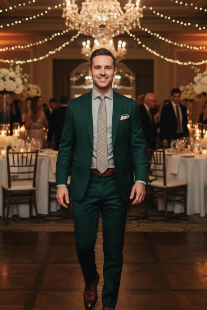 15. Dark Green Suit With Neutral Shirt