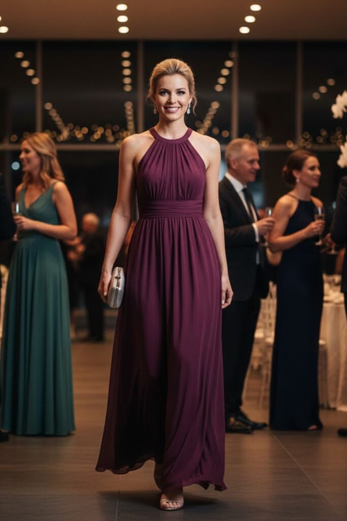 15. Flowing Halter Dress With Simple Clutch