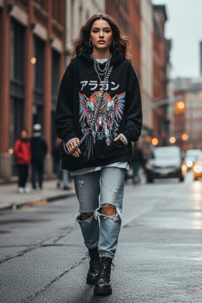 15. Graphic Hoodie and Ripped Jeans