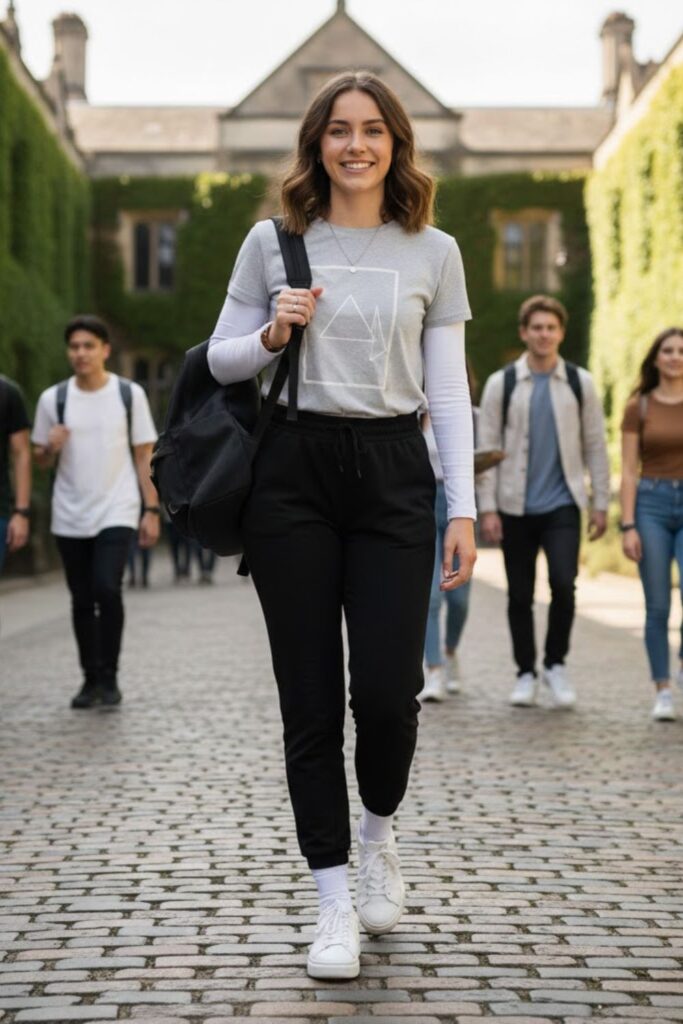 15. Layered Tee with Joggers and Trainers
