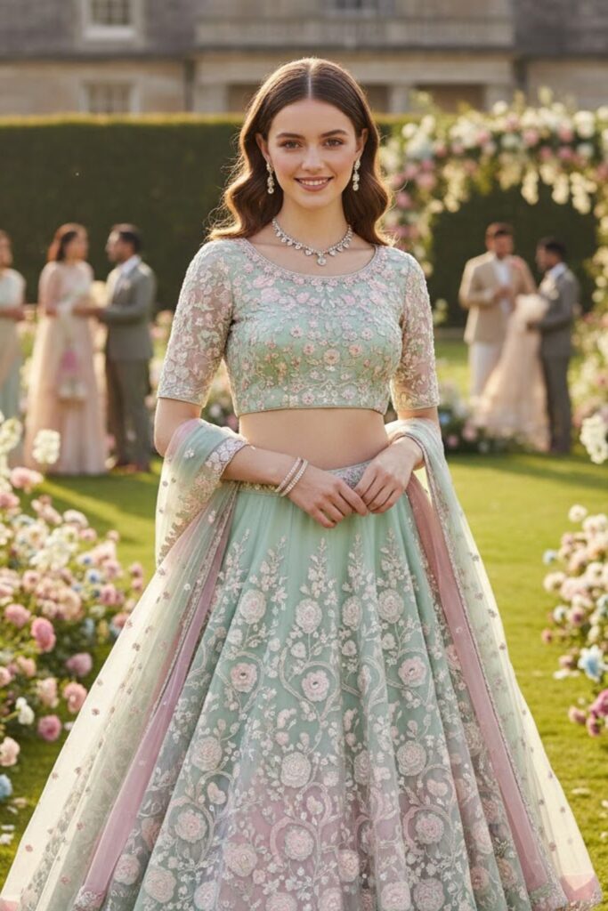 15. Pastel Lehenga With Light Jewelry