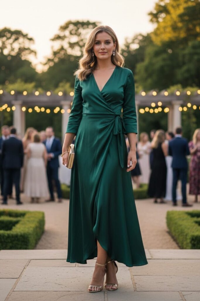 15. Satin Wrap Dress with Heeled Sandals