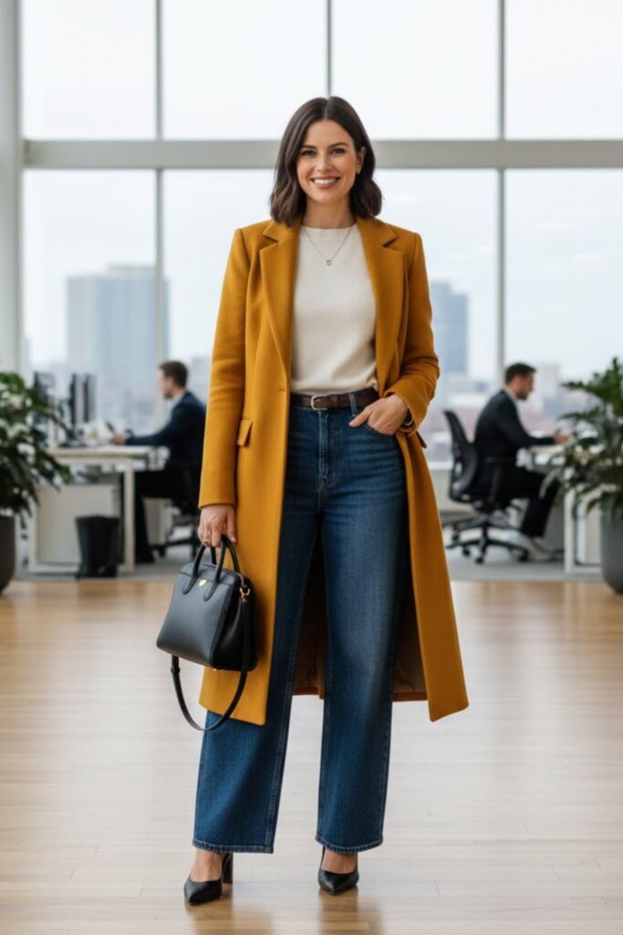 15. Wide Leg Jeans With Minimalist Top and Statement Coat