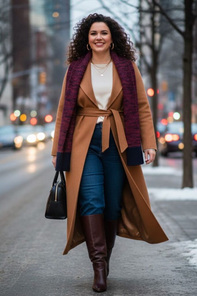 15. Wide Leg Jeans with a Belted Maxi Coat