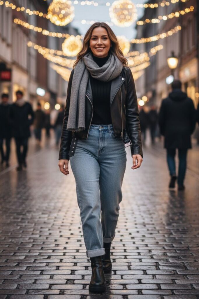 16. Faux Leather Jacket and Knit Layers
