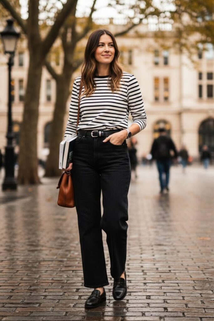 2. Black Wide Leg Jeans With Striped Long Sleeve Top