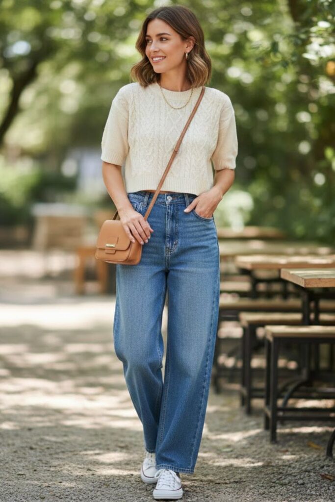 2. Blue Wide Leg Jeans With a Cropped Knit Top