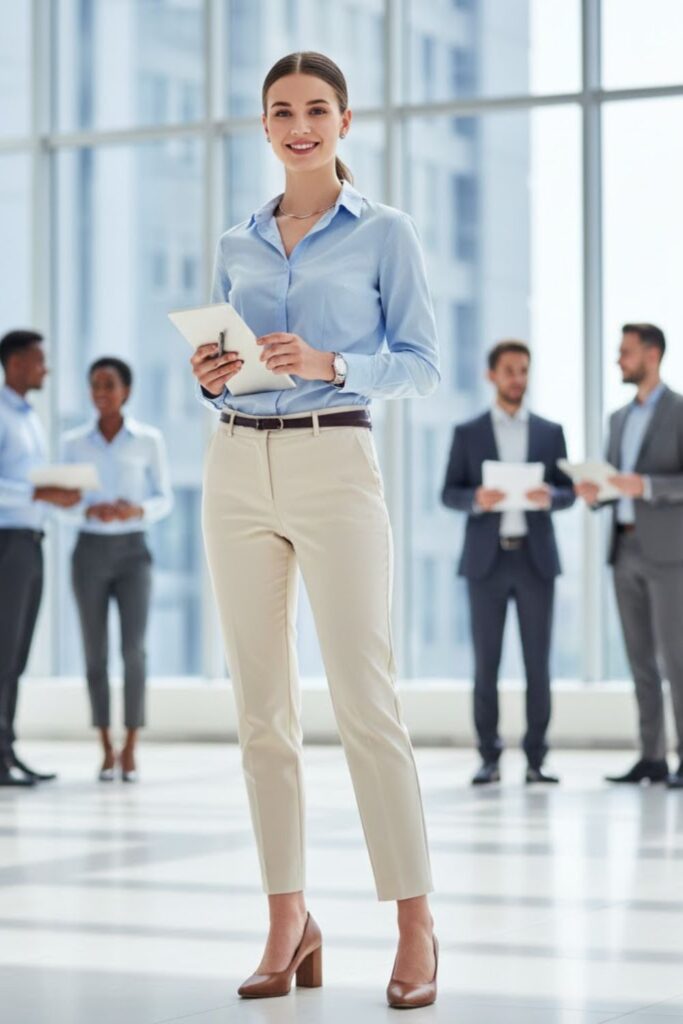 2. Button-Down Shirt with Ankle Pants and Block Heels