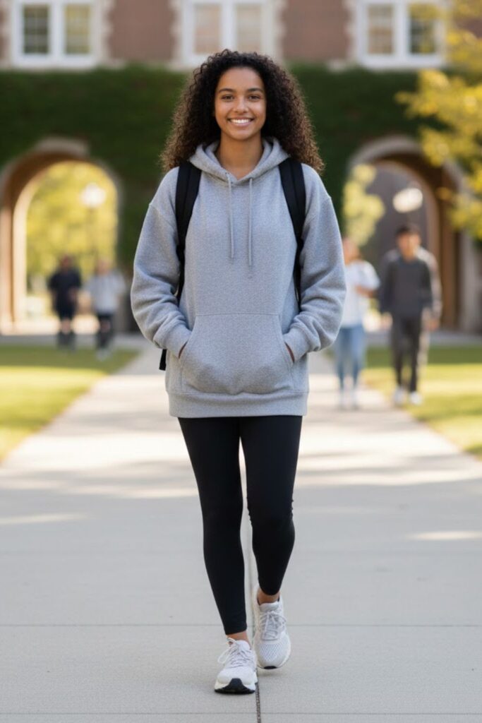 2. Oversized Hoodie with Leggings and Trainers