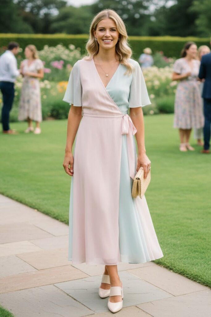 2. Pastel Wrap Dress With Block Heels