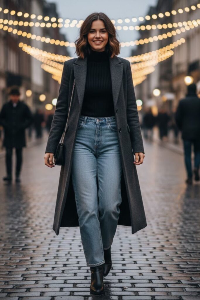 2. Turtleneck and Tailored Long Coat
