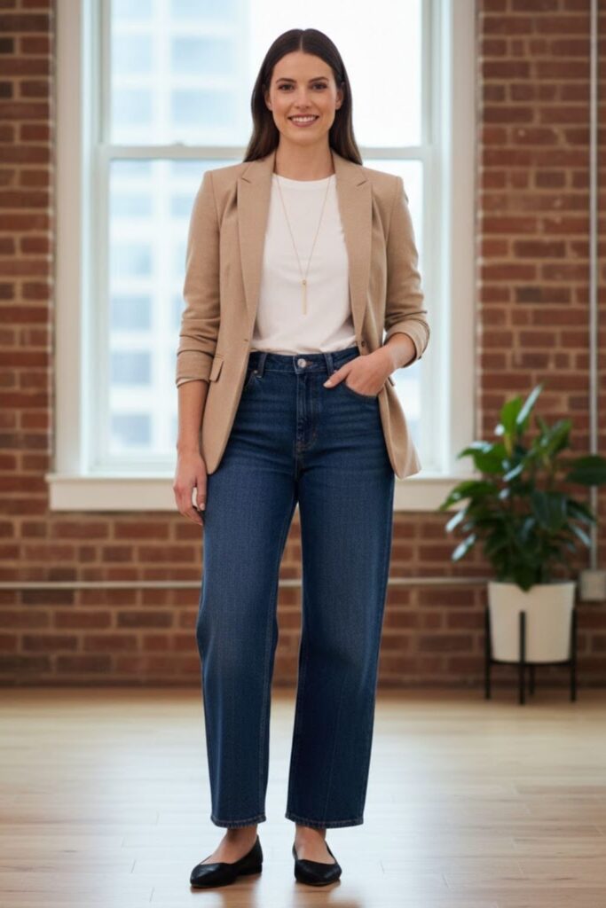 2. Wide Leg Jeans With Tailored Blazer and Tee