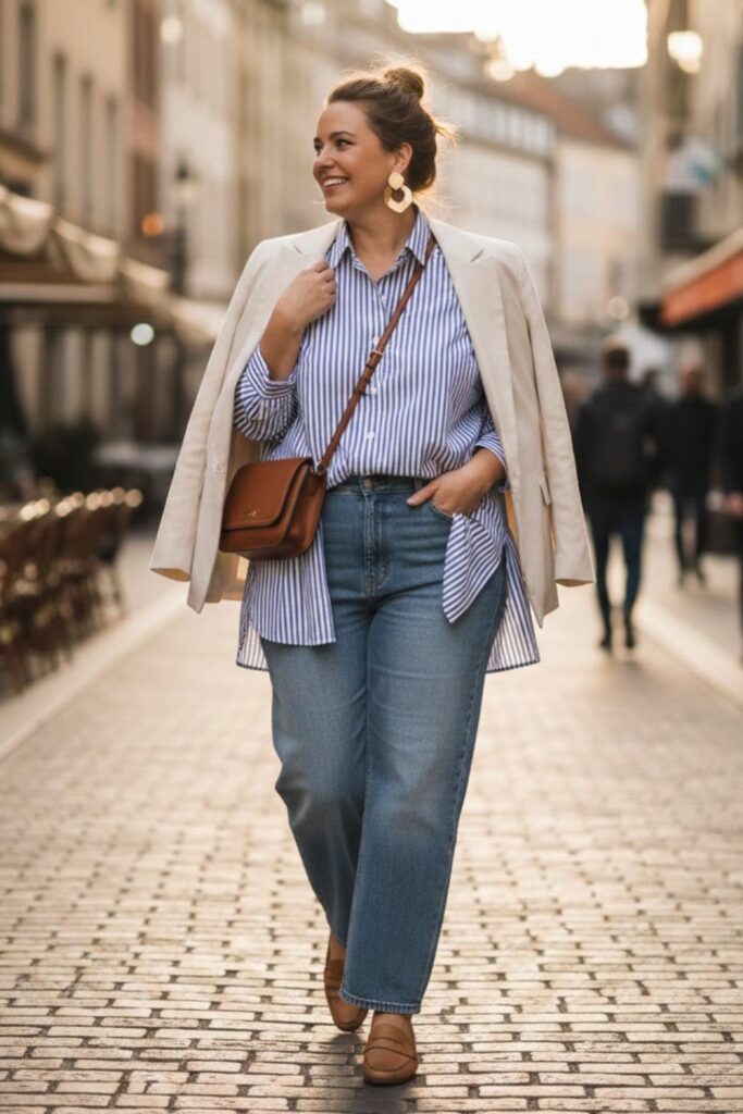 2. Wide Leg Jeans with Oversized Button-Down Shirt